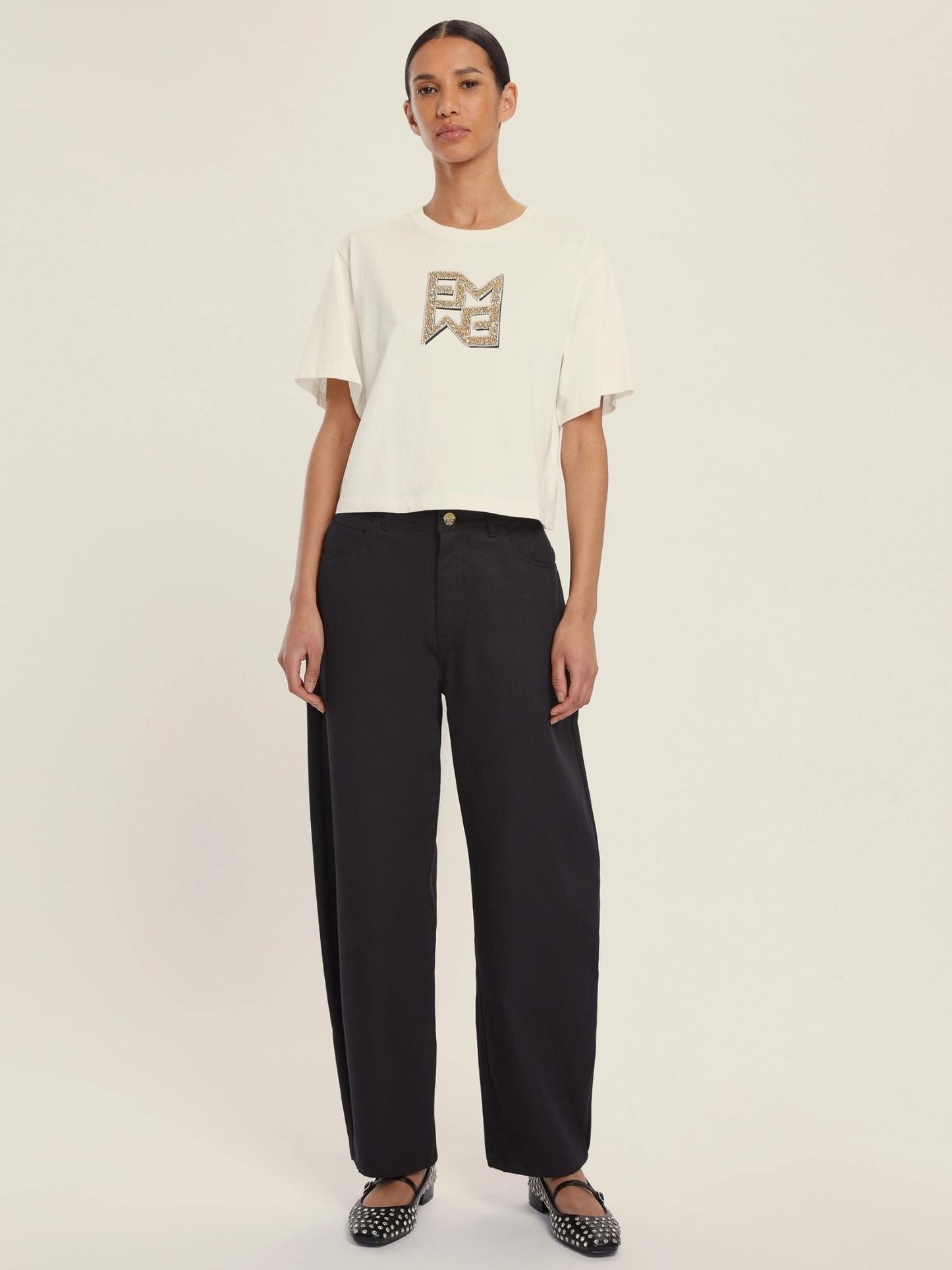 Emme Marella T-shirt Donna in jersey con cristalli Micaelabis Panna Oro