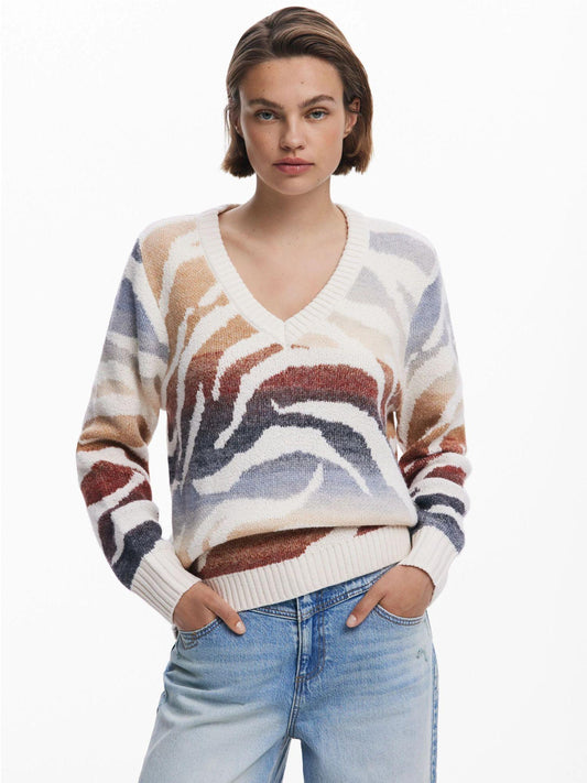 Desigual Maglione zebrato con scollo a V Donna Bianco