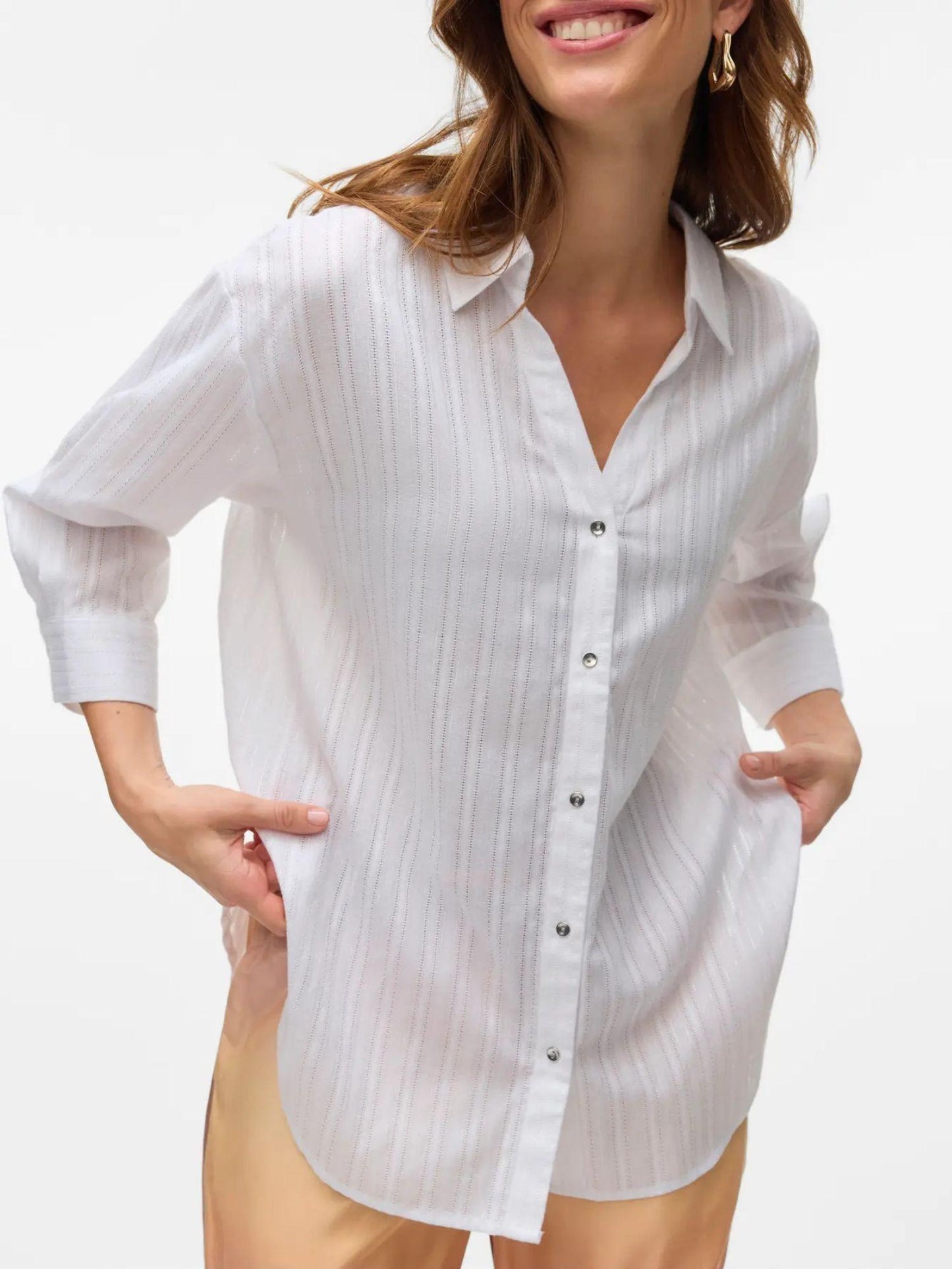 Vero Moda Camicia Donna Olla Maniche 3/4 Bright White Con Filo Lurex Argento