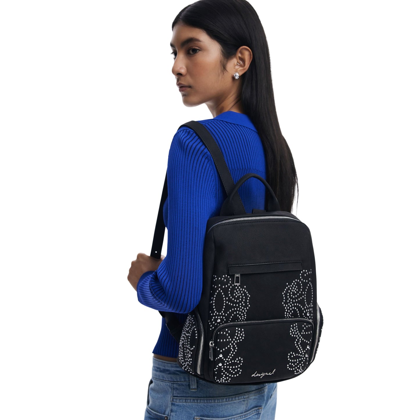 DESIGUAL Zaino Donna Poker Face Chester Mini con Borchie Nero