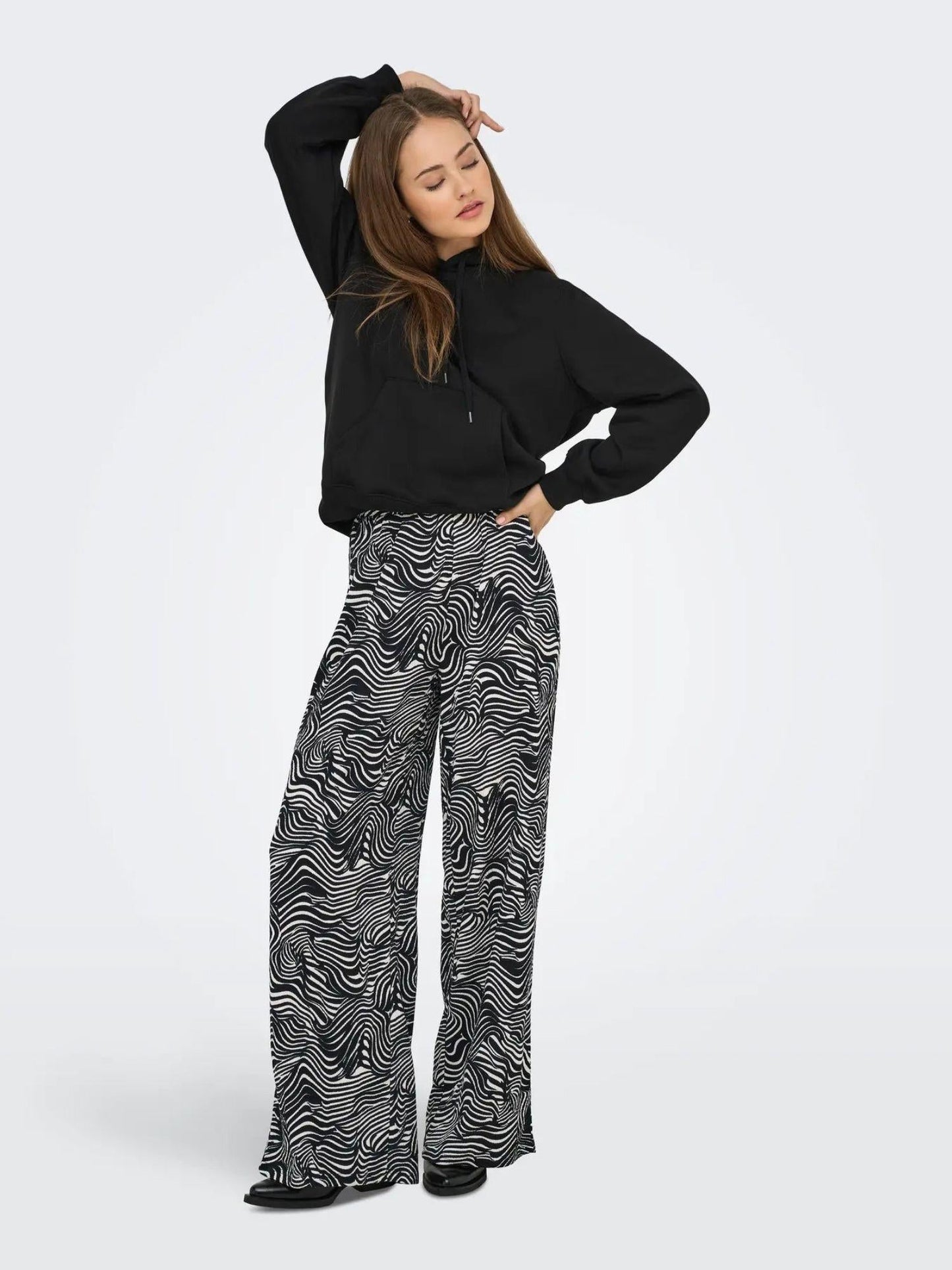 Jacqueline De Yong Pantaloni Donna Debbie Wide Fit Nero Whitecap Gray Geo