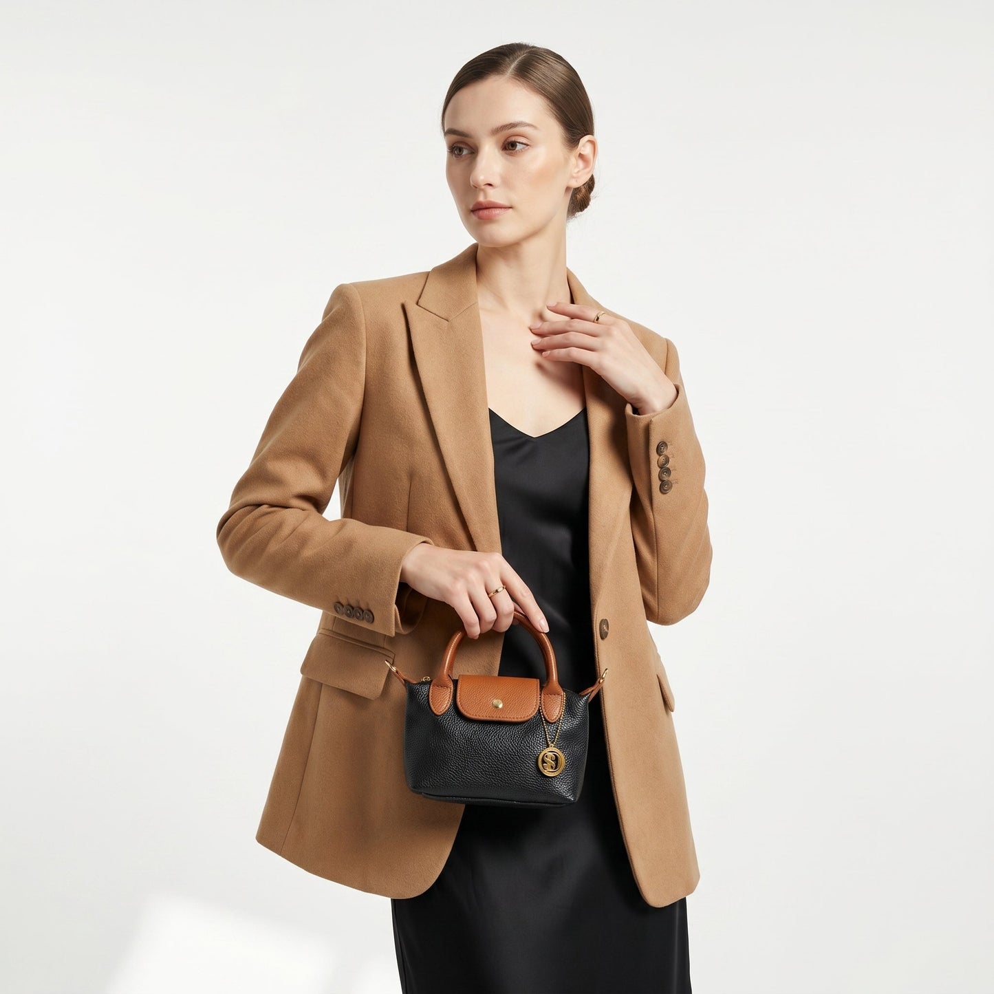 Venis Mini Borsa a Mano da Donna Bicolore in Vera Pelle con Patta e Ciondolo SD