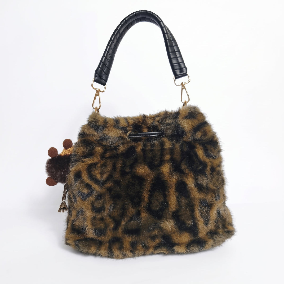Maura borsa pelosa maculata a secchiello con tracolla pelosa