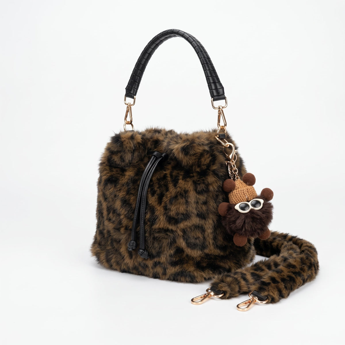 Maura borsa pelosa maculata a secchiello con tracolla pelosa