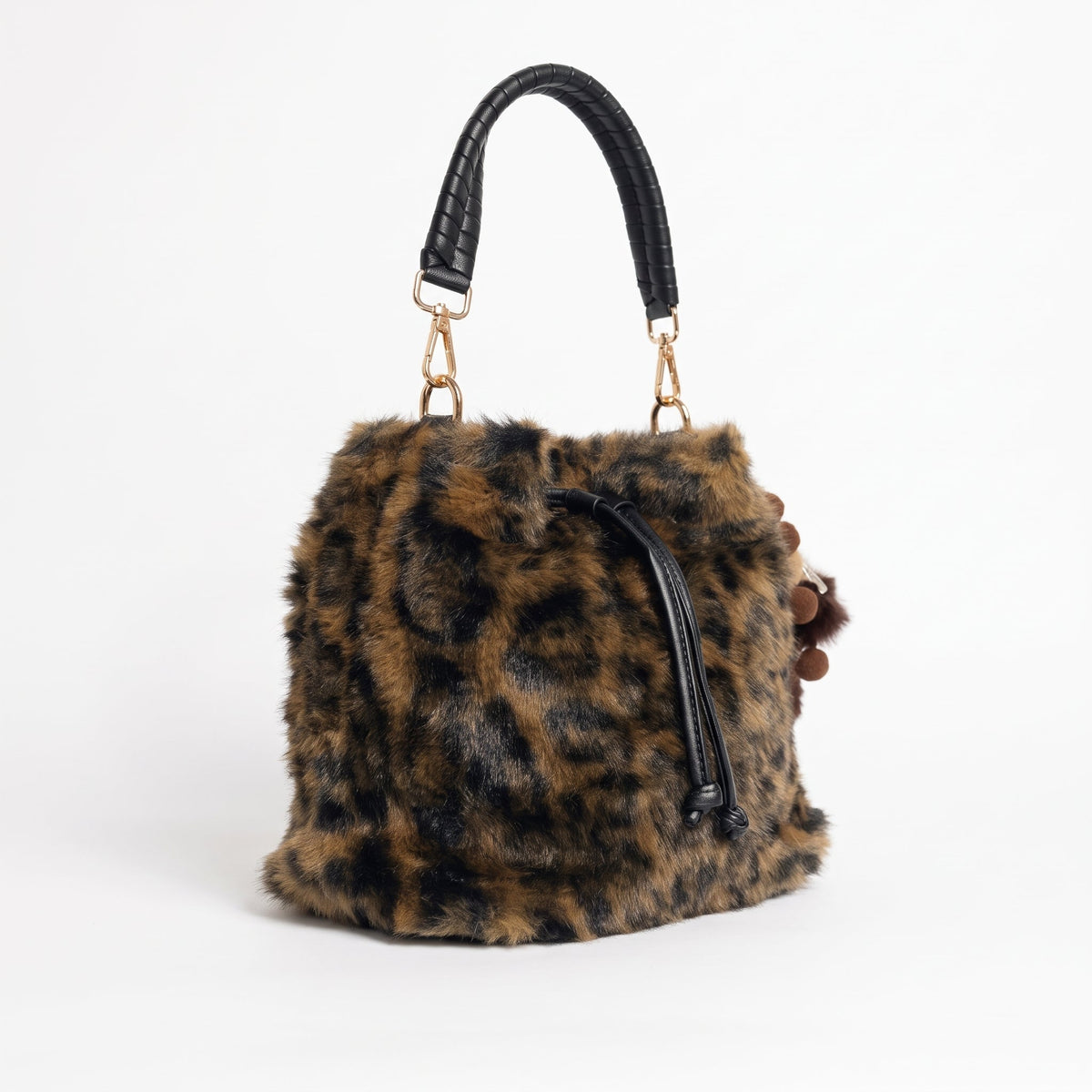 Maura borsa pelosa maculata a secchiello con tracolla pelosa