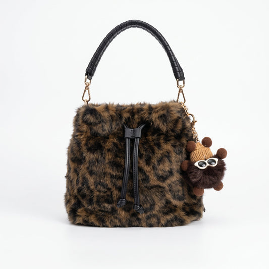 Maura faux fur leopard print bucket bag with faux fur shoulder strap