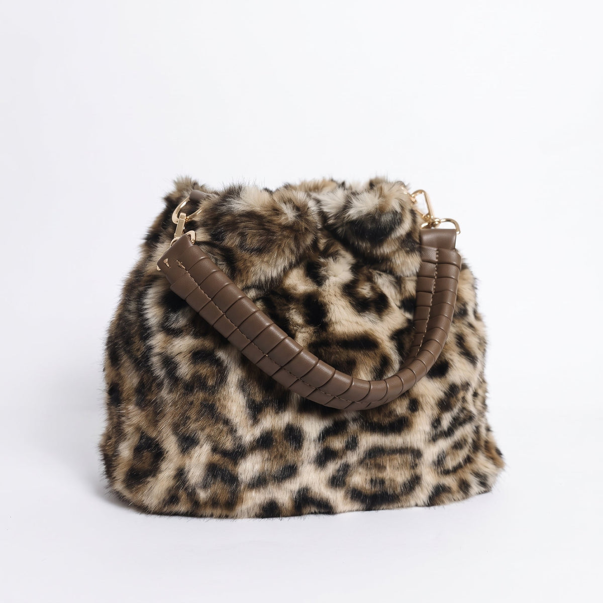 Maura borsa pelosa maculata a secchiello con tracolla pelosa