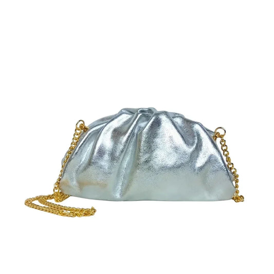 Metallic silver ruched clutch bag with gold chain MS-8799