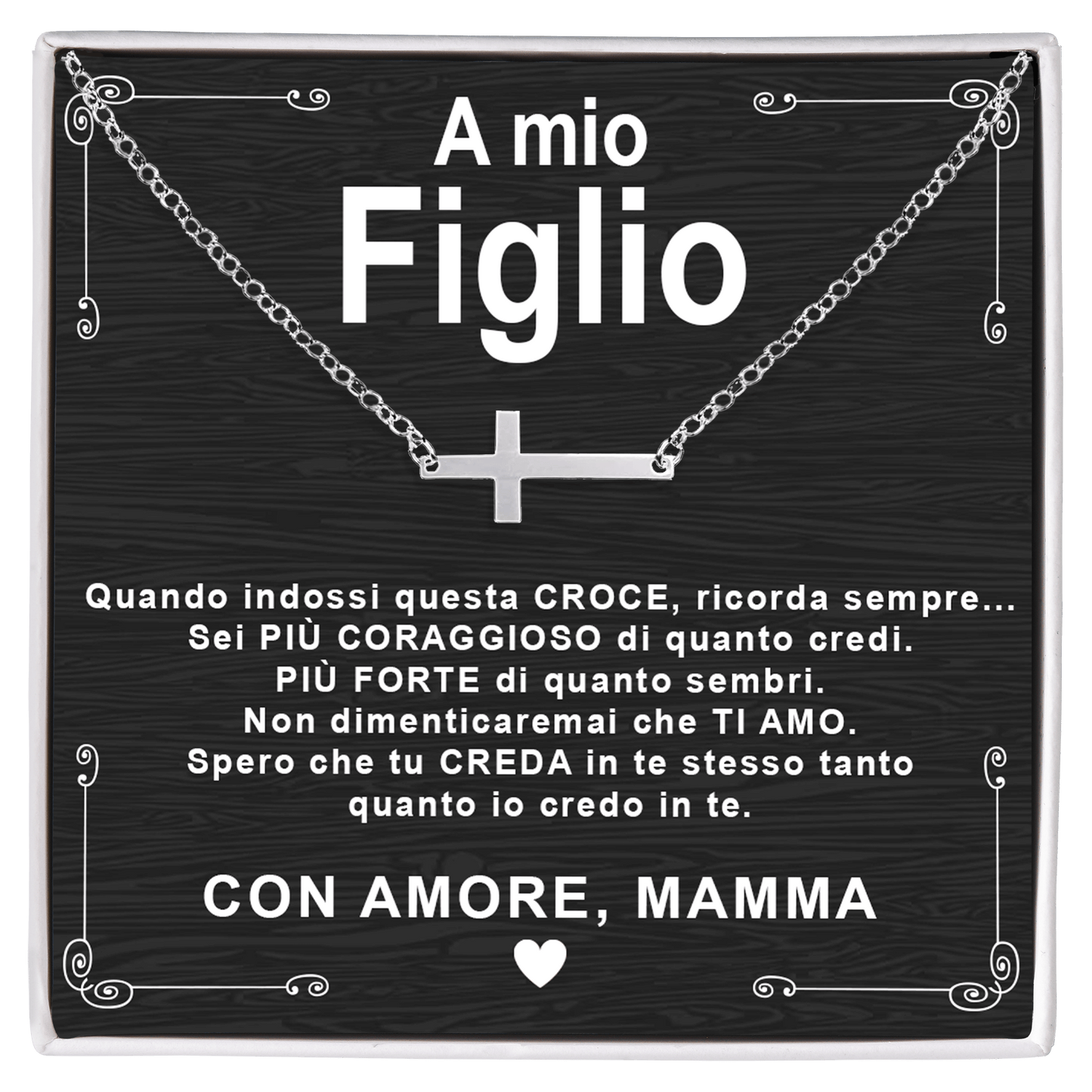Collana Croce orizzontale - A Mio Figlio, con Amore Mamma.