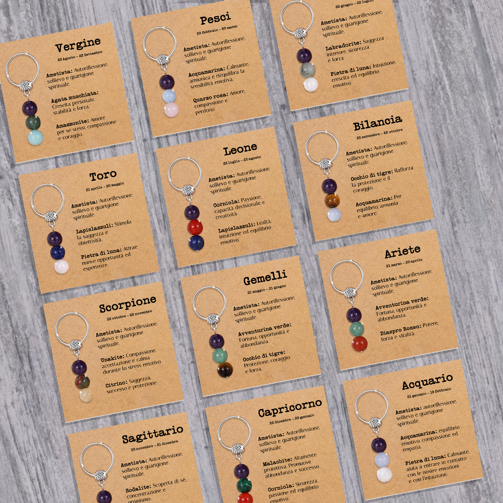 Portachiavi Con Cristalli Naturali Curativi - Segni Zodiacali - Ariete