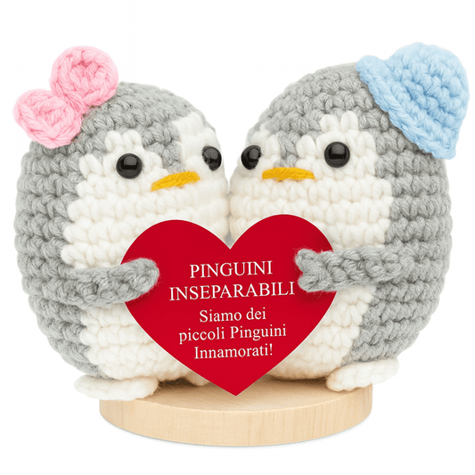 Peluche Crochet con Base in Legno  - Pinguini Inseparabili