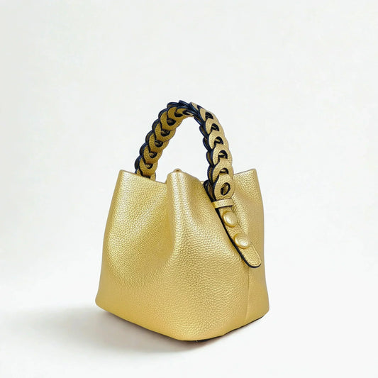 Mustard Yellow Leather Bucket Handbag with Braided Handle