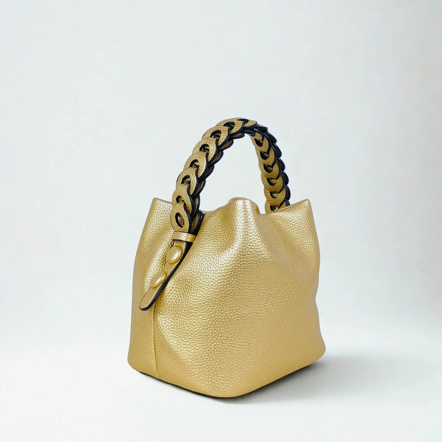 Mustard Yellow Leather Bucket Handbag with Braided Handle