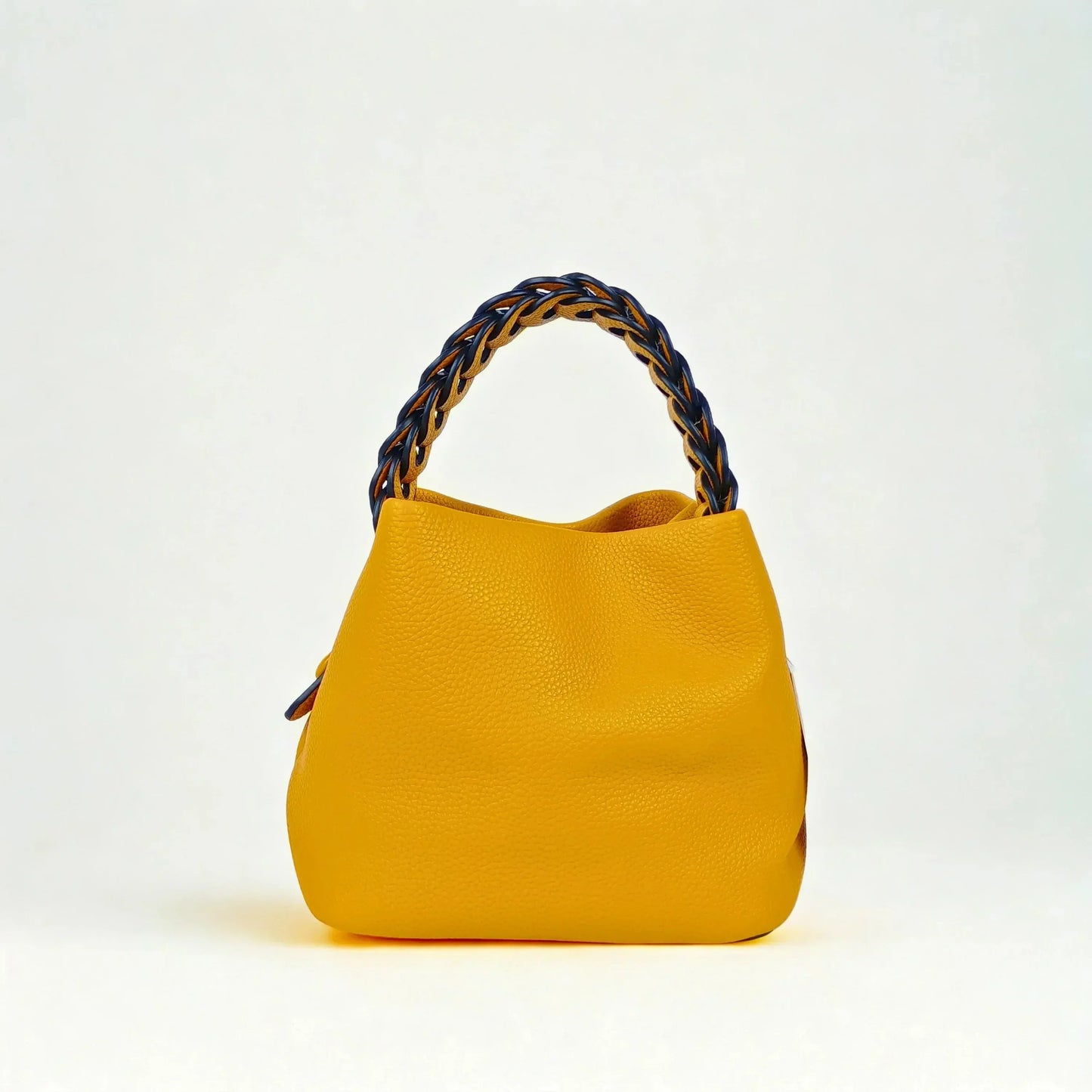 Mustard Yellow Leather Bucket Handbag with Braided Handle