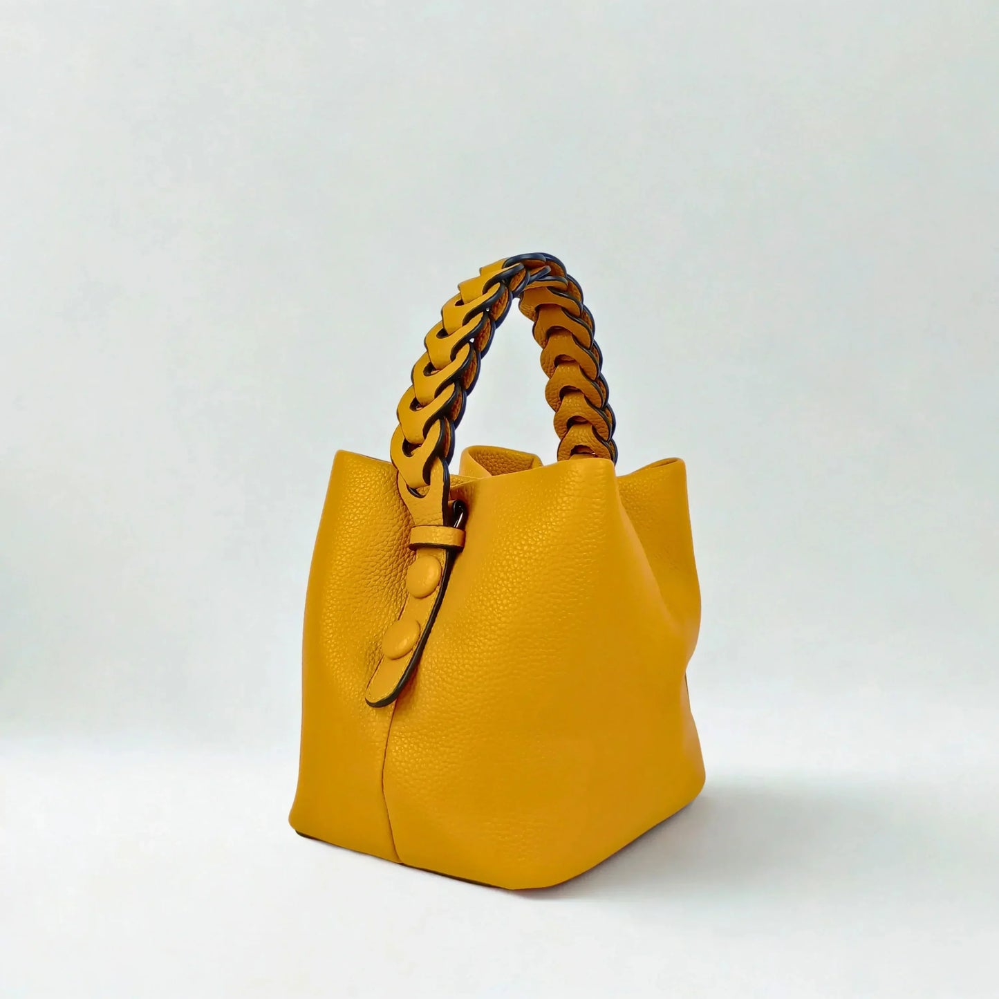Mustard Yellow Leather Bucket Handbag with Braided Handle