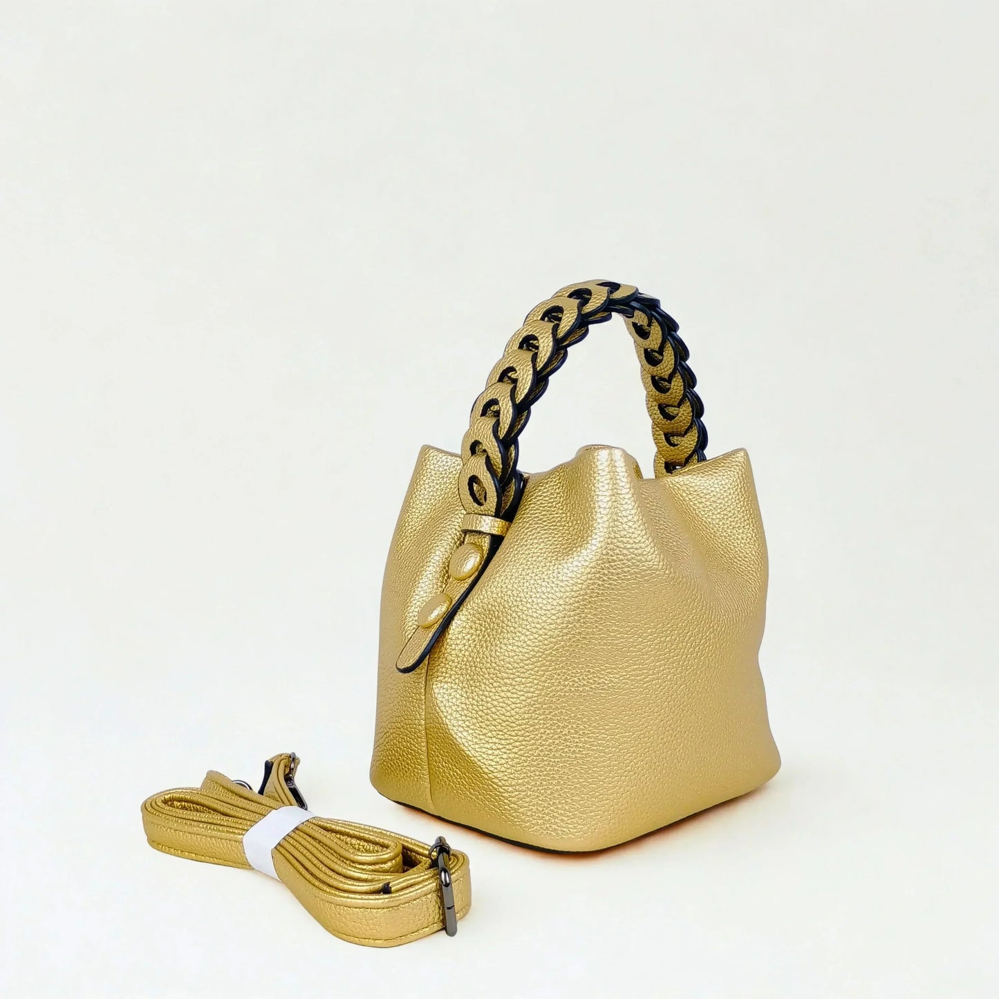 Mustard Yellow Leather Bucket Handbag with Braided Handle