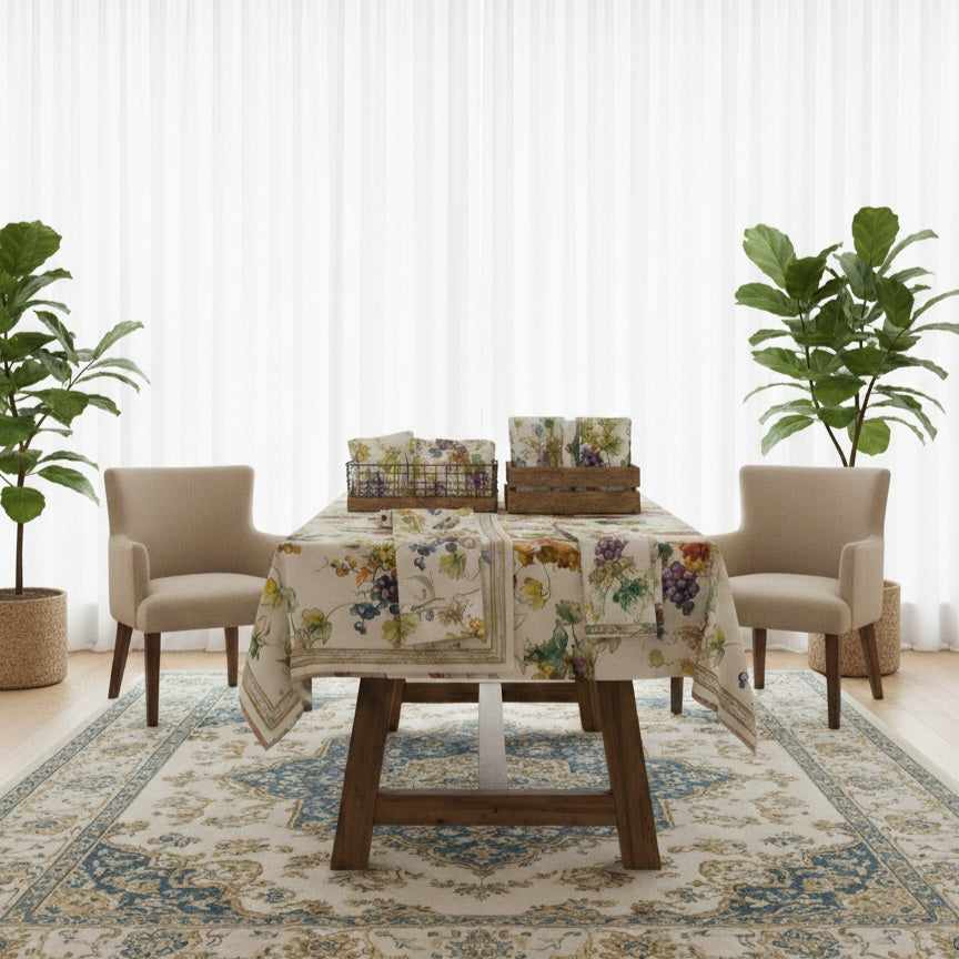 Tovaglia in Puro Lino con Stampa Digitale Botanica | Eleganza Mediterranea | 150x190 / 150x250 cm