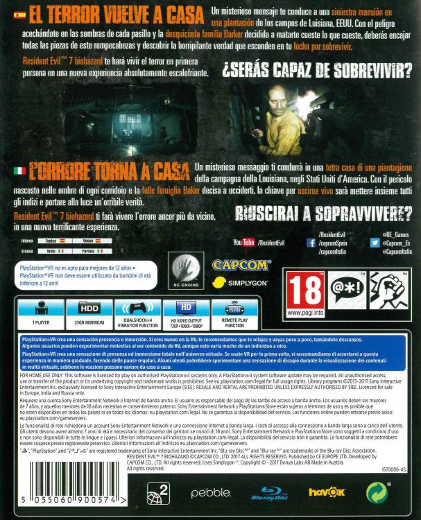 Resident Evil 7 Biohazard Ps4 Italian Game Ita First Print Playstation 4 Pal