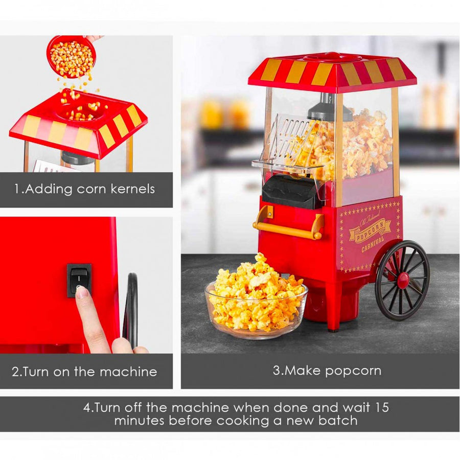 Electric Pop Corn Cart Hot Air Without Oil Professional Popcorn 1200W Retro Design for Children's Parties