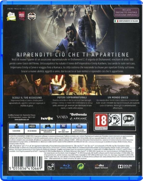 Dishonored 2 Ps4 Gioco Italiano Playstation 4 Videogioco Multilingua Nuovo Ita