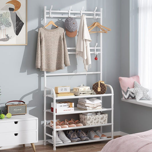 Entrance coat hanger bench with shoe rack with 4 shelves from the floor