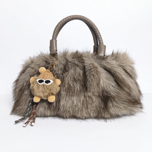 Tecla Furry Bag with two braided handles and adjustable shoulder strap