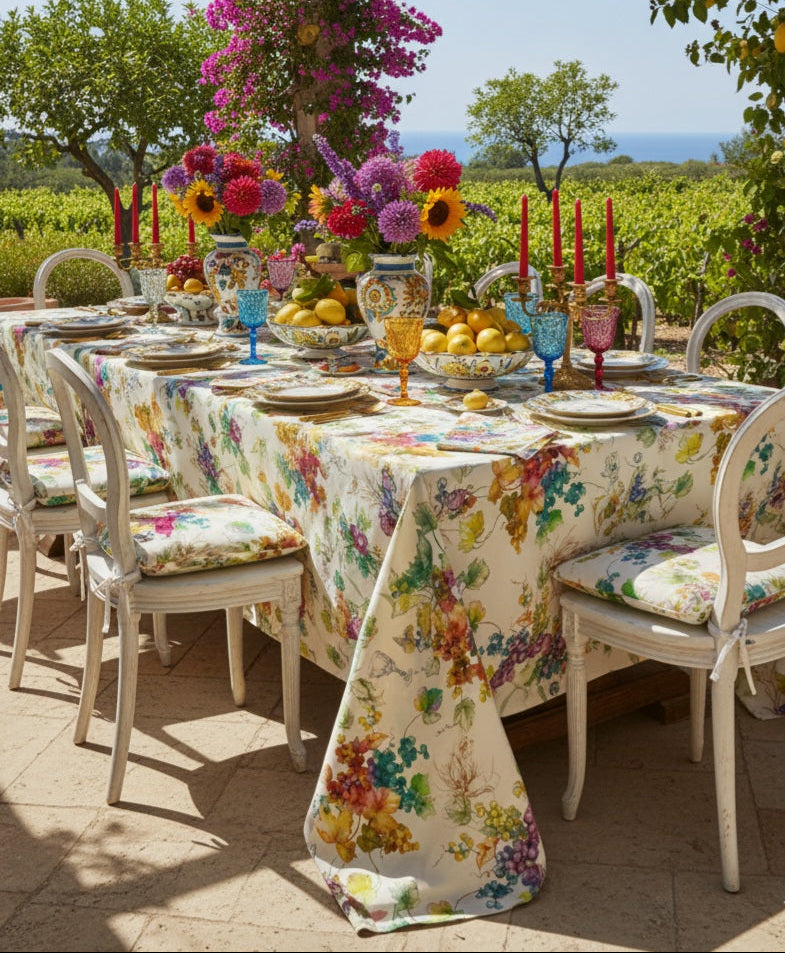 Tovaglia in Puro Lino con Stampa Digitale Botanica | Eleganza Mediterranea | 150x190 / 150x250 cm
