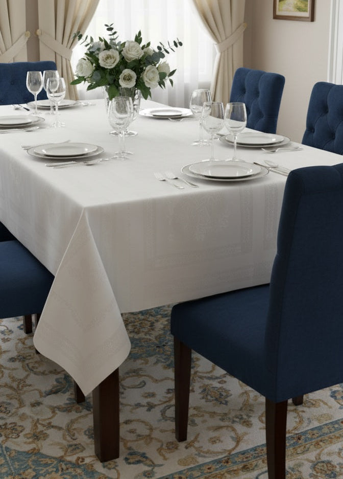 Tovaglia di Lusso RUBINO Jacquard Misto Lino - Design Tela Aida - Su Misura (Bianco/Avorio)